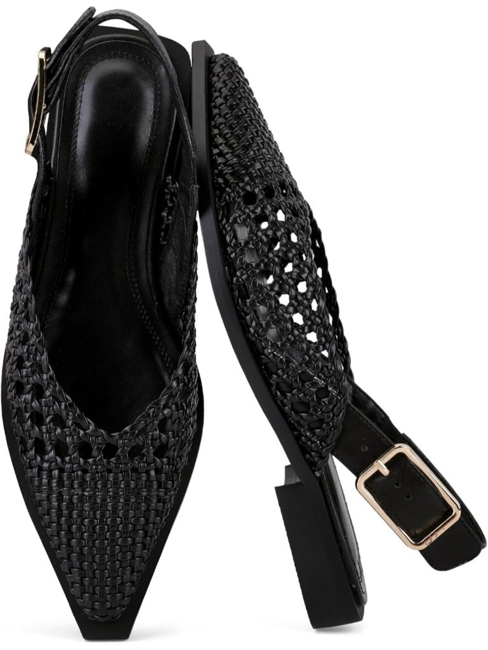 Women's Woven Black Closed Pointed Toe Slip On Style Office Wear Flat Mule Shoes